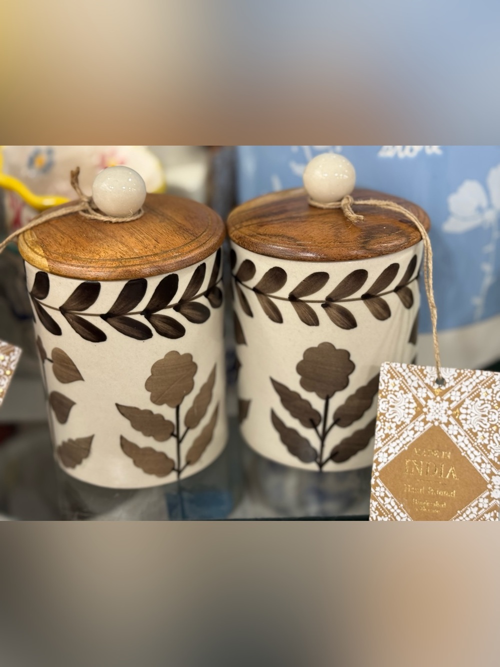 2 Ceramic Kitchen Canisters with Wood Lids - Floral Brown Design